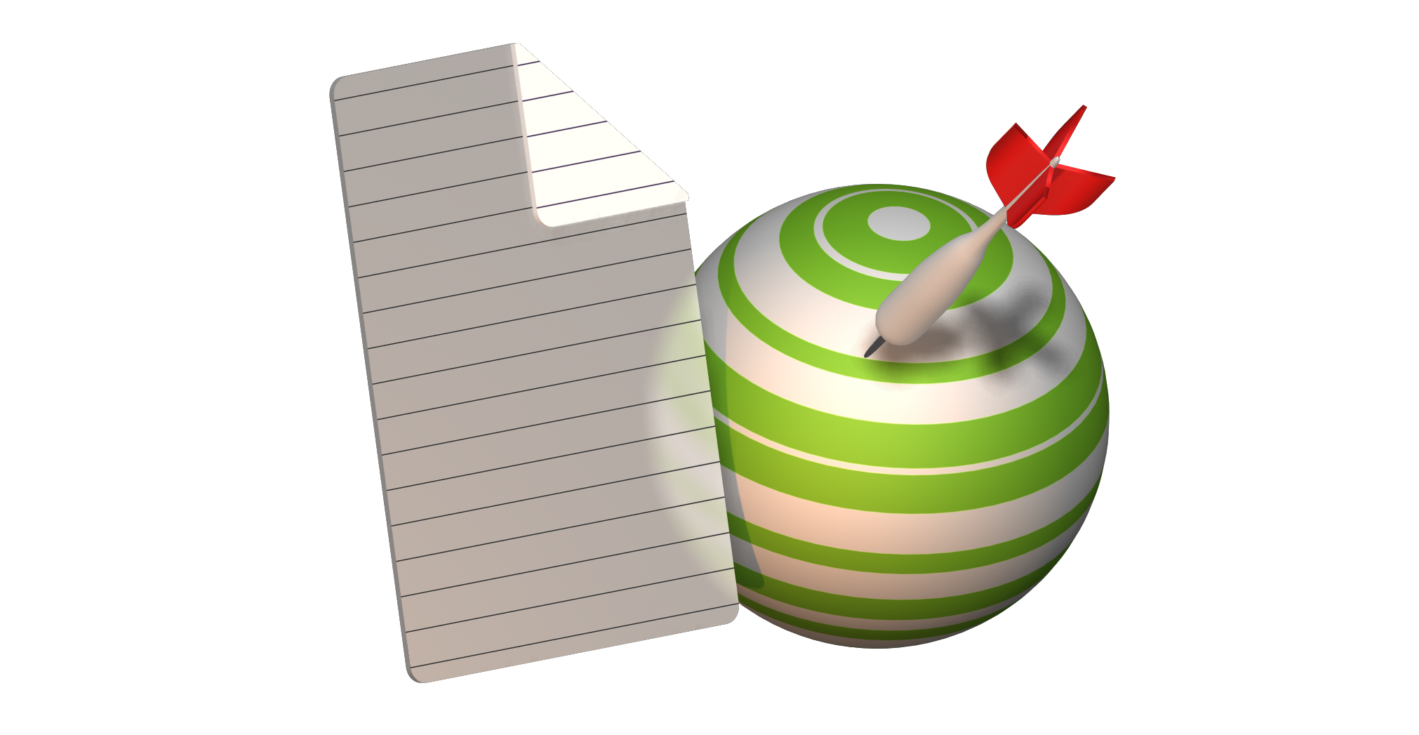 An abstract image of the blank paper on the left and green-white covered ball with a dart in it on the right